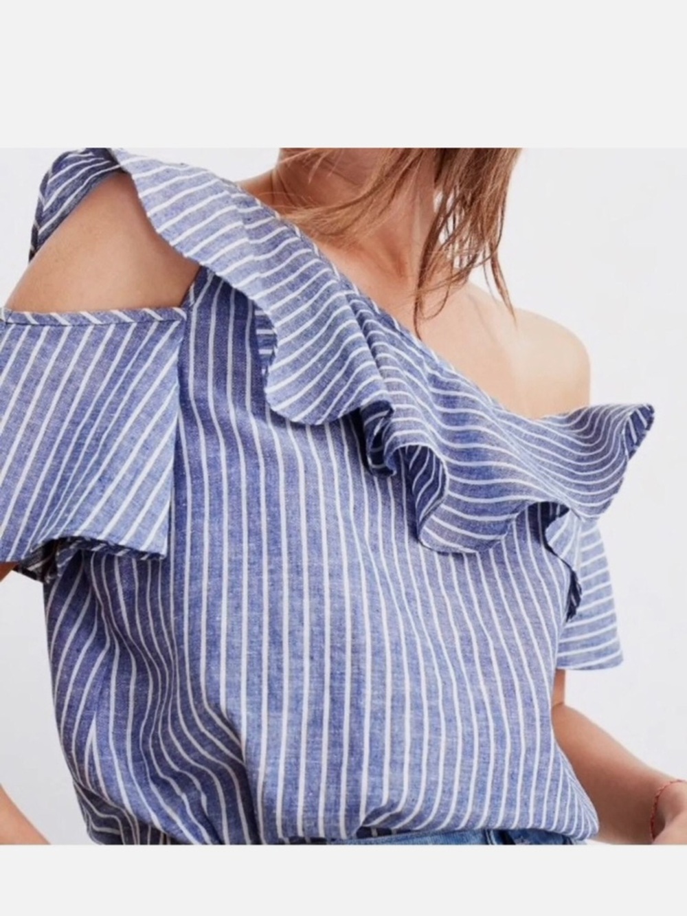 Madewell striped blue and white cotton linen ruffle one shoulder top